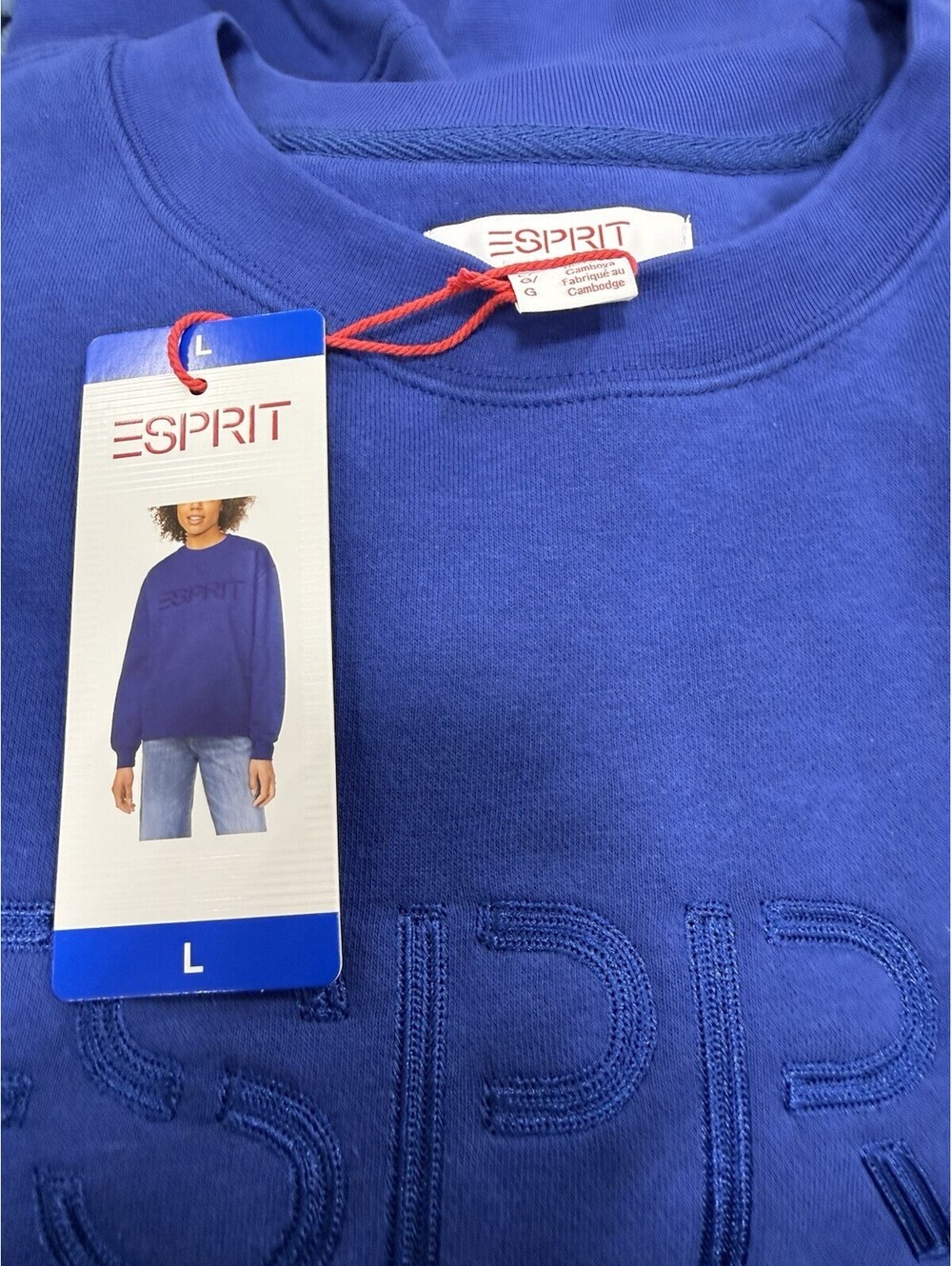 ESPRIT Embroidered Crewneck Sweatshirt Size Large VIRAL 80s Costco Blue NWT